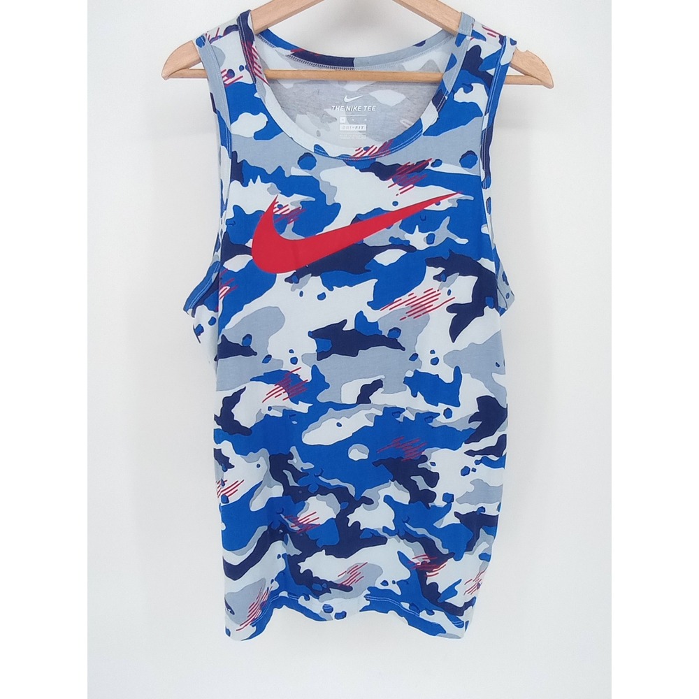 Nike Dri-FIT Tank Top Mens Medium Blue Camo Swoosh Graphic Activewear